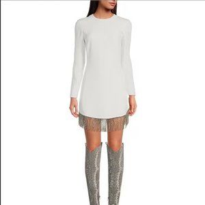 NWT Gianni Bini White Rhinestone Fringe Crew Neck Long Sleeve Crepe Dress Sz 12